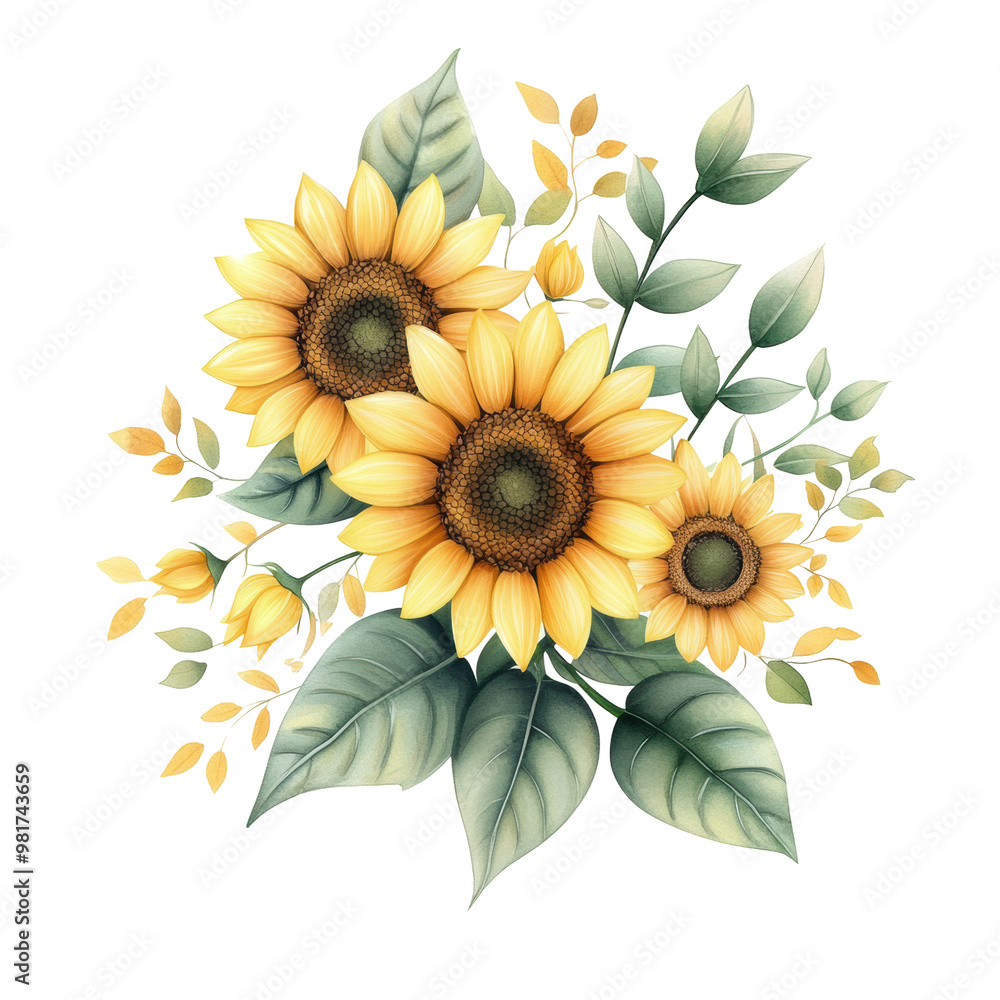 A vibrant bouquet of sunflowers with lush green leaves, perfect for adding a cheerful touch to any design or project. A vibrant bouquet of sunflowers with lush green leaves, perfect for adding a cheerful touch to any design or project.