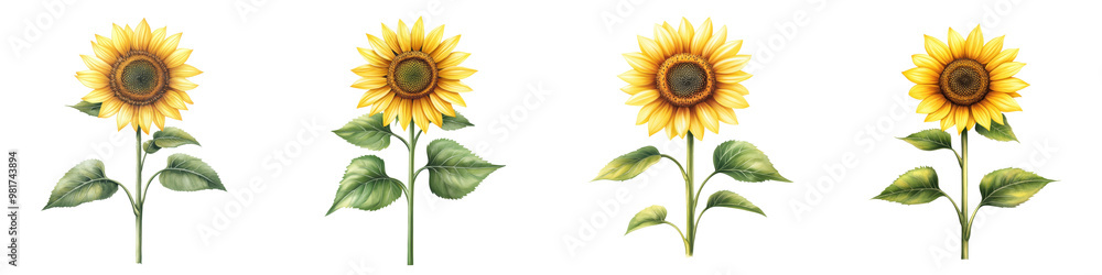 Obraz premium A vibrant collection of sunflowers in various stages, showcasing their bright petals and green leaves, perfect for nature-themed designs.
