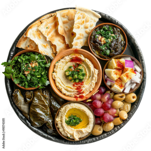 A traditional Middle Eastern mezze platter with hummus, baba ghanoush, olives, grapes, pita bread, stuffed grape leaves, and pickled vegetables. photo