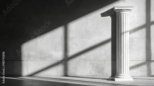 A Single Fluted Column Against a Concrete Wall with Window Shadows photo