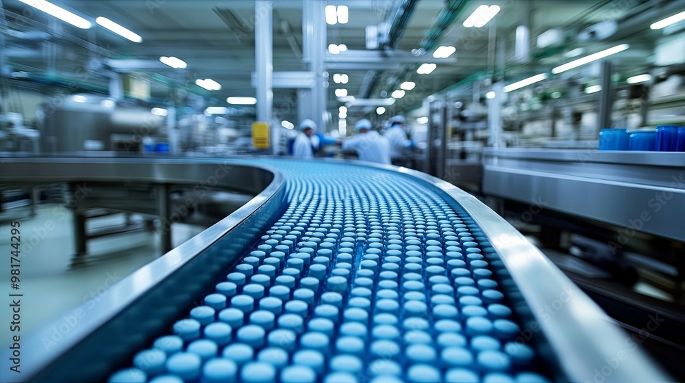 Conveyor Belt in a Factory with Blue Cylinders Conveyor Belt in a Factory with Blue Cylinders