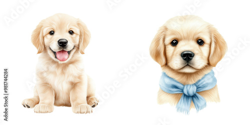 Adorable golden retriever puppies, one playful and one dressed up, perfect for pet lovers and family themes. photo