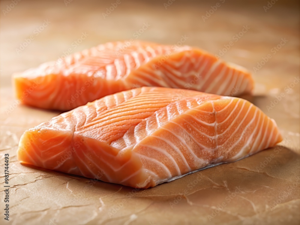 Against a warm beige background with a subtle texture resembling a natural canvas, a pair of salmon fillets are depicted in a slight overlap, highlighting their vibrant pink-orange Against a warm beige background with a subtle texture resembling a natural canvas, a pair of salmon fillets are depicted in a slight overlap, highlighting their vibrant pink-orange