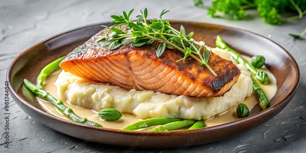 Crispy skinned salmon, cooked to a tender medium rare, sitting atop a bed of creamy mashed potatoes and steamed asparagus Crispy skinned salmon, cooked to a tender medium rare, sitting atop a bed of creamy mashed potatoes and steamed asparagus