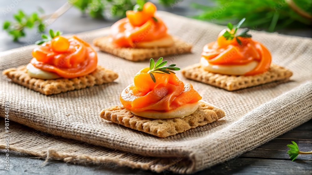 Delicate arrangement of crunchy crackers topped with swirls of vibrant orange salmon mousse against a soft linen textile backdrop with a subtle herringbone pattern to evoke an upscale gathering. Delicate arrangement of crunchy crackers topped with swirls of vibrant orange salmon mousse against a soft linen textile backdrop with a subtle herringbone pattern to evoke an upscale gathering.