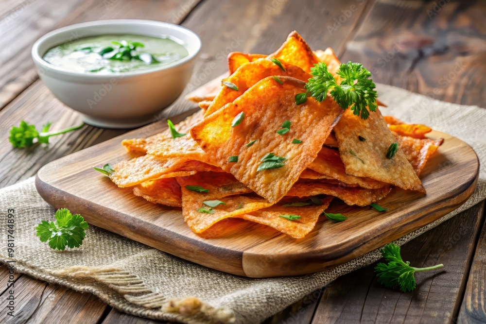 A vibrant and appetizing illustration of crispy salmon skin chips piled high on a rustic wooden board, accompanied by a ramekin of tangy dipping sauce A vibrant and appetizing illustration of crispy salmon skin chips piled high on a rustic wooden board, accompanied by a ramekin of tangy dipping sauce