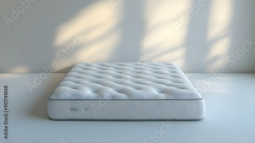 A comfortable white mattress placed on a modern surface, illuminated by soft natural light, ideal for rest and relaxation. photo