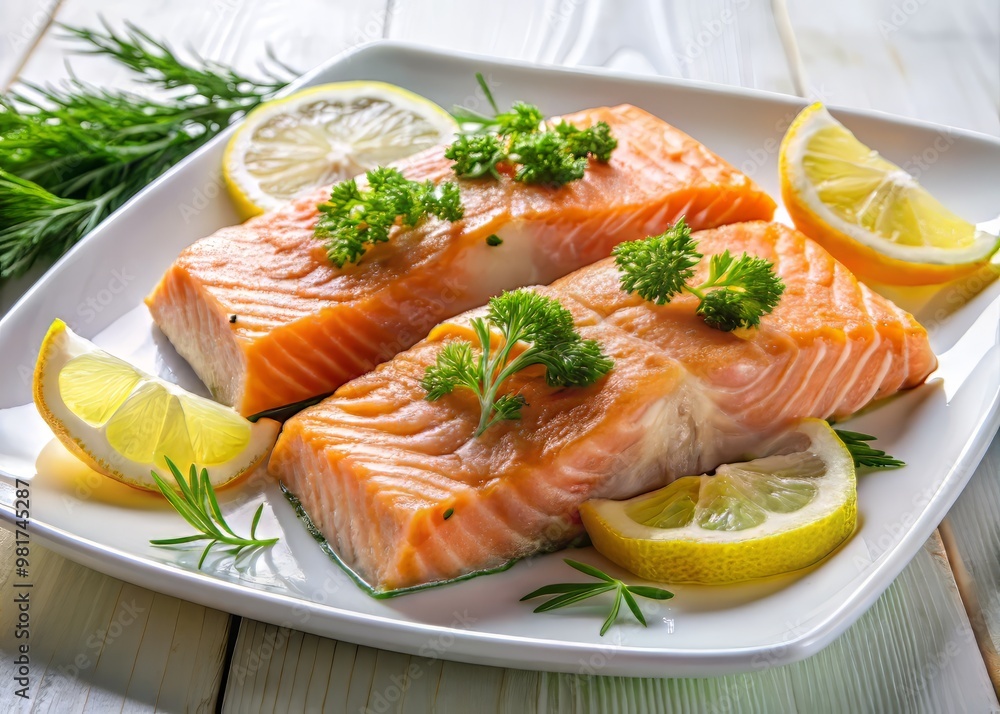 Moist and flaky salmon fillets arranged artfully on a crisp white plate, garnished with a slice of lemon and a sprig of dill, evoking a sense of luxury and sophistication Moist and flaky salmon fillets arranged artfully on a crisp white plate, garnished with a slice of lemon and a sprig of dill, evoking a sense of luxury and sophistication