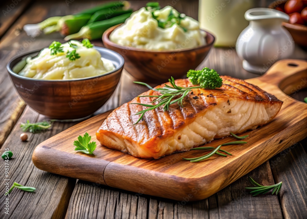 Grilled salmon steak presented on a rustic wooden board with a side of creamy garlic mashed potatoes and a drizzle of olive oil against a blurred background of a bustling modern kitchen Grilled salmon steak presented on a rustic wooden board with a side of creamy garlic mashed potatoes and a drizzle of olive oil against a blurred background of a bustling modern kitchen