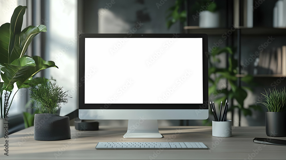 A modern workspace featuring a clean desktop with a computer, keyboard, and plants, perfect for office or home use. A modern workspace featuring a clean desktop with a computer, keyboard, and plants, perfect for office or home use.