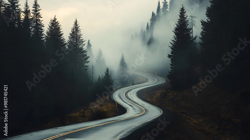 Winding Road Through Misty Forest