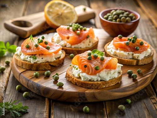 Smoked salmon's delicate flavor takes center stage on a weathered wooden platter paired with a tangy cream cheese spread and a sprinkle of capers for added depth