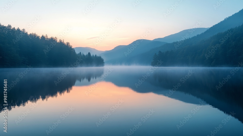 Serene Mountain Lake with Fog and Sunrise Reflections Serene Mountain Lake with Fog and Sunrise Reflections