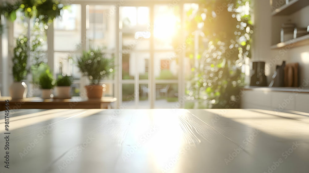 Fototapeta premium Bright and airy kitchen interior with plants, sunlight streaming in, and a wooden table. Perfect for serene home decor.