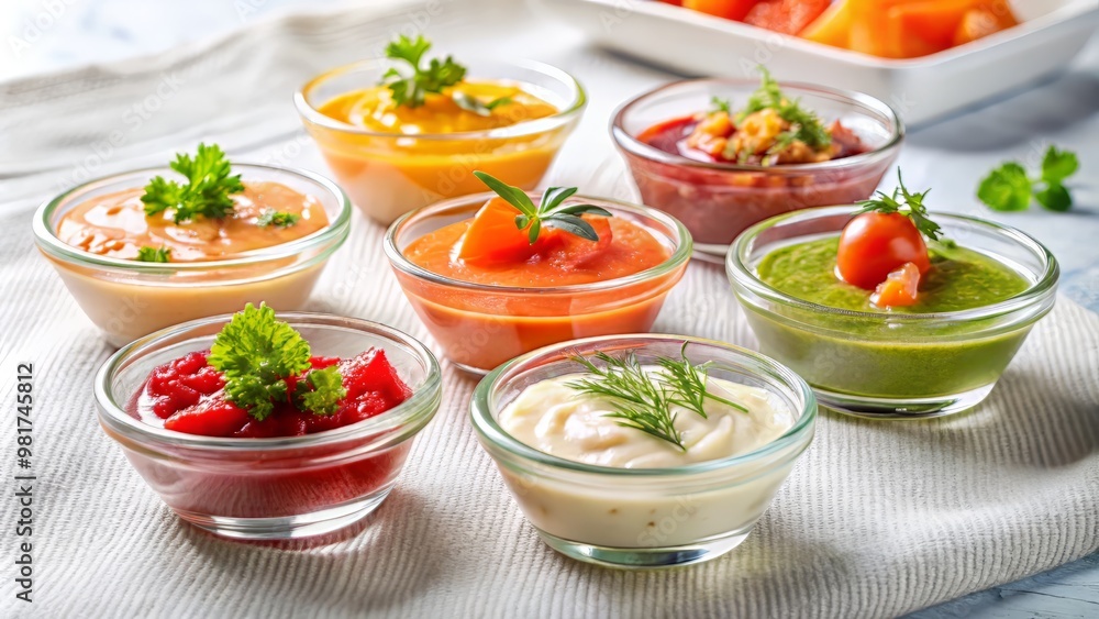 Vibrant colors of tangy sauces and creamy dips in petite glass bowls, carefully placed on a crisp white linen, elevation of a salmon-centric cuisine Vibrant colors of tangy sauces and creamy dips in petite glass bowls, carefully placed on a crisp white linen, elevation of a salmon-centric cuisine