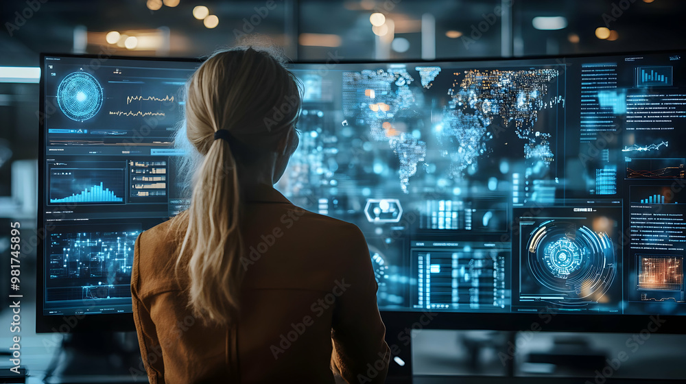 A focused individual analyzing data on a high-tech monitor in a modern workspace, showcasing advanced technology and analytics. A focused individual analyzing data on a high-tech monitor in a modern workspace, showcasing advanced technology and analytics.
