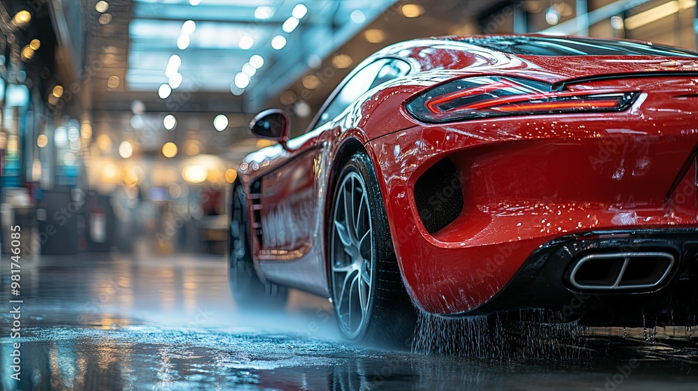 Rear View of a Red Sports Car Being Washed Rear View of a Red Sports Car Being Washed