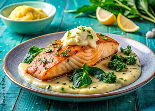 Pan-seared salmon fillet topped with a citrus and herb butter sauce, served with sautéed spinach and garlic mashed potatoes