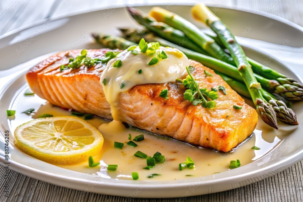 Gourmet fish dish featuring a perfectly cooked salmon fillet paired with a serving of grilled asparagus, generously drenched in a bright and citrusy lemon butter sauce 