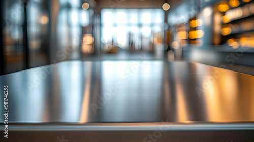 Wallpaper Mural A close-up view of a polished metal table with a blurred modern interior in the background, ideal for contemporary design themes. Torontodigital.ca