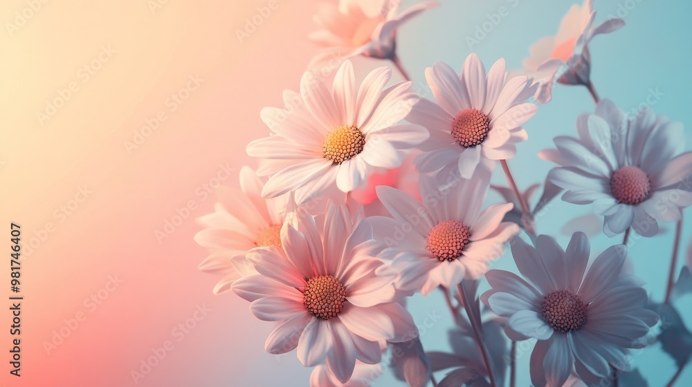 A Bouquet of Delicate White Daisies Against a Soft Blue and Pink Background A Bouquet of Delicate White Daisies Against a Soft Blue and Pink Background