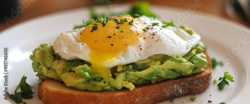 Poached egg on mashed avocado toast.