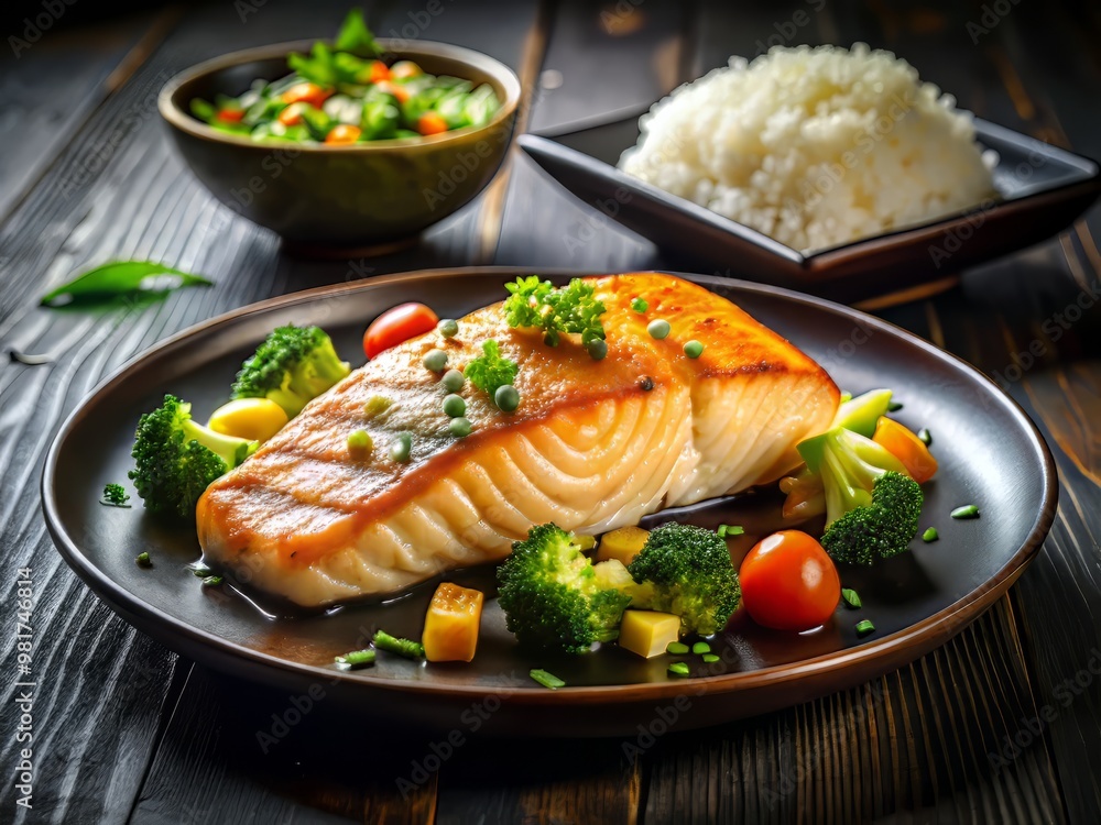 Golden grilled salmon is served on a elegant black plate, surrounded by a delicate pattern of steamed vegetables and a small scoop of creamy jasmine rice, all illuminated by a warm and inviting light. Golden grilled salmon is served on a elegant black plate, surrounded by a delicate pattern of steamed vegetables and a small scoop of creamy jasmine rice, all illuminated by a warm and inviting light.