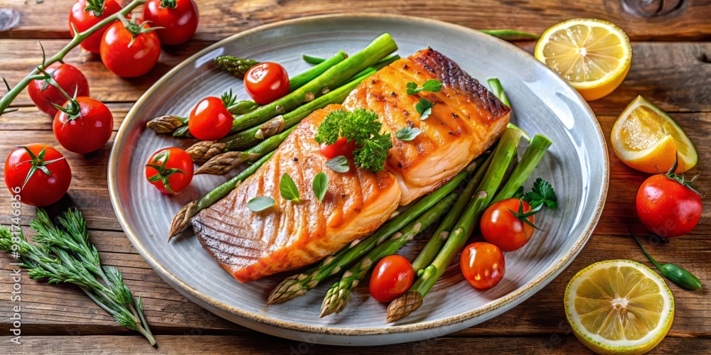 A beautifully plated pan-seared salmon fillet with crispy skin, served with a side of sautéed asparagus and cherry tomatoes, garnished with fresh parsley and a lemon wedge A beautifully plated pan-seared salmon fillet with crispy skin, served with a side of sautéed asparagus and cherry tomatoes, garnished with fresh parsley and a lemon wedge