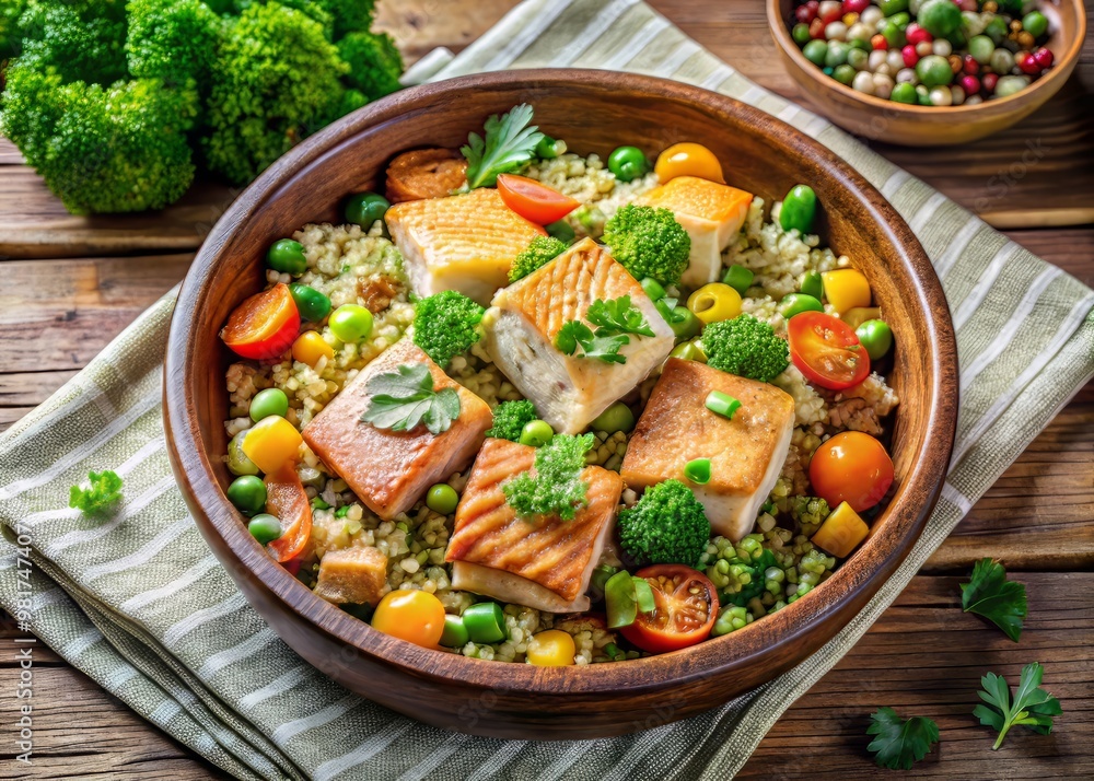 Earthy ceramic bowl filled with a hearty salmon and quinoa salad, topped with a medley of roasted vegetables in shades of green and orange Earthy ceramic bowl filled with a hearty salmon and quinoa salad, topped with a medley of roasted vegetables in shades of green and orange