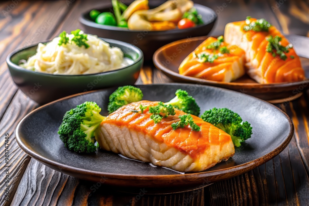 A culinary journey begins with a delicate Salmon Sashimi appetizer, leading to a delectable Pan-Seared Salmon fillet main course A culinary journey begins with a delicate Salmon Sashimi appetizer, leading to a delectable Pan-Seared Salmon fillet main course