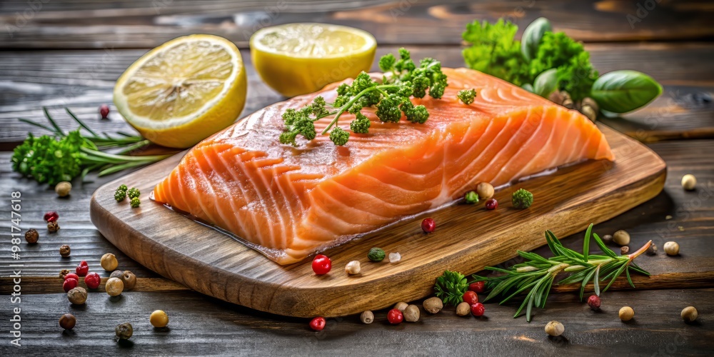 Fresh catch of the day salmon fillet on a wooden platter with a side of lemon and herbs, perfectly lit to highlight the vibrant colors and textures of the dish. Fresh catch of the day salmon fillet on a wooden platter with a side of lemon and herbs, perfectly lit to highlight the vibrant colors and textures of the dish.
