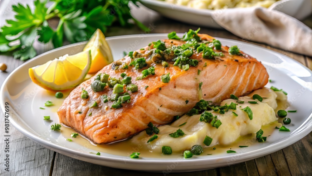 Delicately prepared Pan-Seared Salmon with Capers and Browned Butter, presented on a crisp white plate with a sprinkle of parsley and a side of garlic mashed potatoes Delicately prepared Pan-Seared Salmon with Capers and Browned Butter, presented on a crisp white plate with a sprinkle of parsley and a side of garlic mashed potatoes
