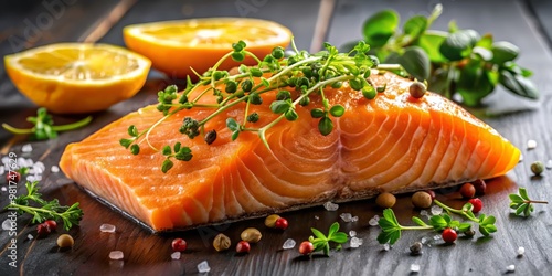 Wallpaper Mural Fresh catch of the day, a vibrant orange salmon fillet sizzles on a bed of lemon slices and microgreens, with a light drizzle of olive oil  Torontodigital.ca