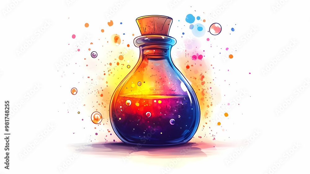 A colorful potion in a glass bottle with bubbles and vibrant splashes, perfect for fantasy, magic, or science themes. A colorful potion in a glass bottle with bubbles and vibrant splashes, perfect for fantasy, magic, or science themes.