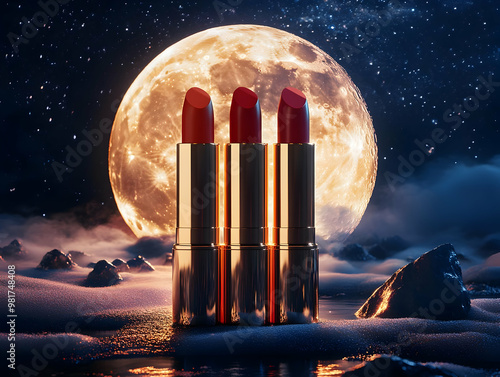 Vibrant lipsticks illuminated in front of a mystical moonlit background, showcasing beauty and allure in a stunning setting. photo