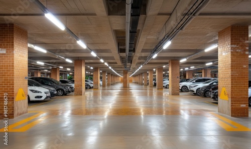 Underground Parking Lot Interior with Vehicles photo