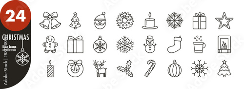 Christmas editable stroke line icons set. Santa, reindeer, gift, snowman, snowflake, wreath, candle, vector illustration