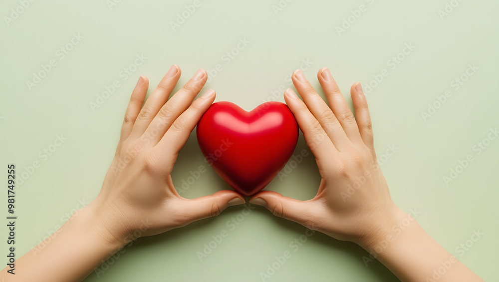 Fototapeta premium Hands holding a red heart shape on a light green background, symbolizing love and care