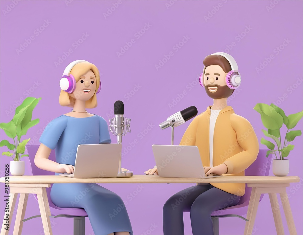 A podcast couple records an episode, 3D illustration A podcast couple records an episode, 3D illustration