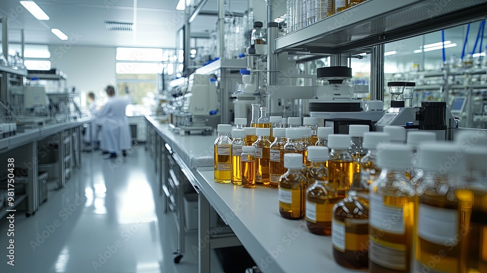 Rows of Glass Bottles Containing Yellow Liquid in a Laboratory Setting Rows of Glass Bottles Containing Yellow Liquid in a Laboratory Setting
