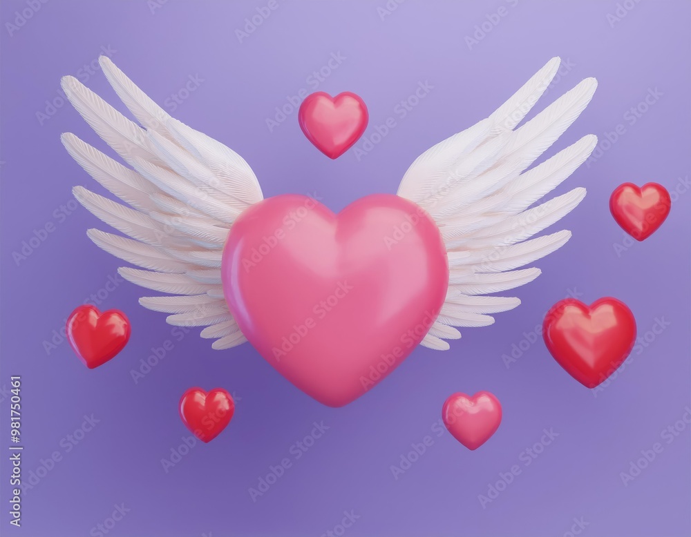 A winged heart surrounded by smaller hearts, 3D illustration A winged heart surrounded by smaller hearts, 3D illustration