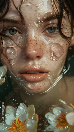 Underwater Portrait: A Woman's Face Surrounded by Bubbles and Flowers