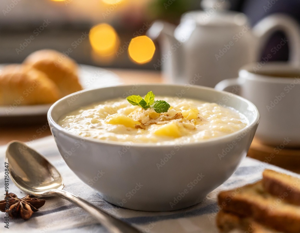 Comforting breakfast porridge with depth of field showcasing creamy textures and warm flavors Comforting breakfast porridge with depth of field showcasing creamy textures and warm flavors