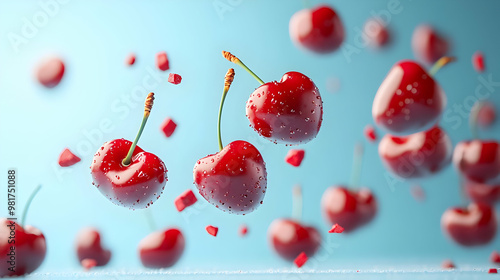 Fresh red cherries with droplets, floating against a soft blue background, creating a vibrant and appetizing visual appeal. photo