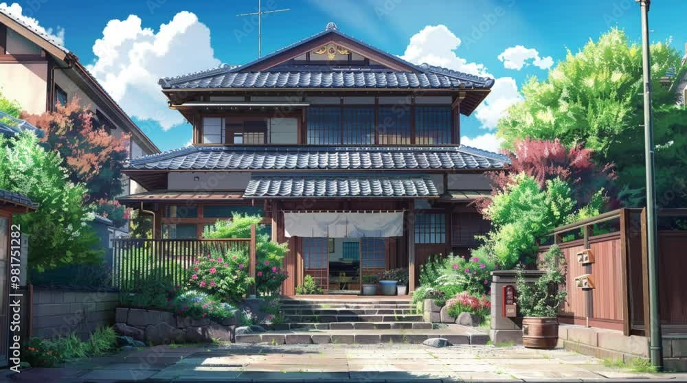 A picturesque Japanese town house basking in the warm sunlight on a clear day, surrounded by lush greenery and traditional architect Seamless looping 4k time-lapse virtual video animation Generated AI A picturesque Japanese town house basking in the warm sunlight on a clear day, surrounded by lush greenery and traditional architect Seamless looping 4k time-lapse virtual video animation Generated AI