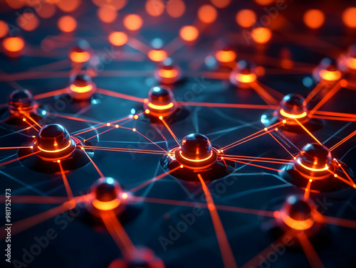Abstract digital network with glowing nodes and interconnected lines representing technology and connections.
