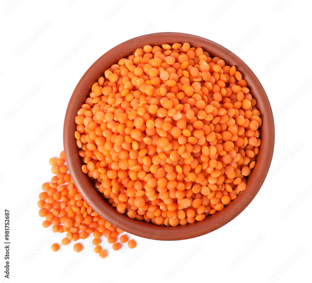 Raw lentils in bowl isolated on white, top view Raw lentils in bowl isolated on white, top view