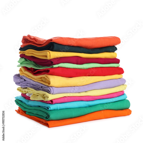 Stack of clean colorful t-shirts isolated on white