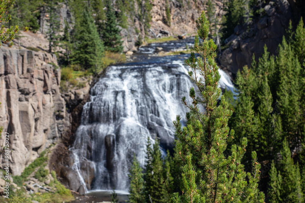 Obraz premium Photo of the beautiful Gibbon Falls waterfall in Yellowstone national park on bright day.