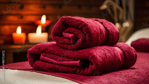 Deep Red Towel Folded on Spa Bed in Candle-Lit Room